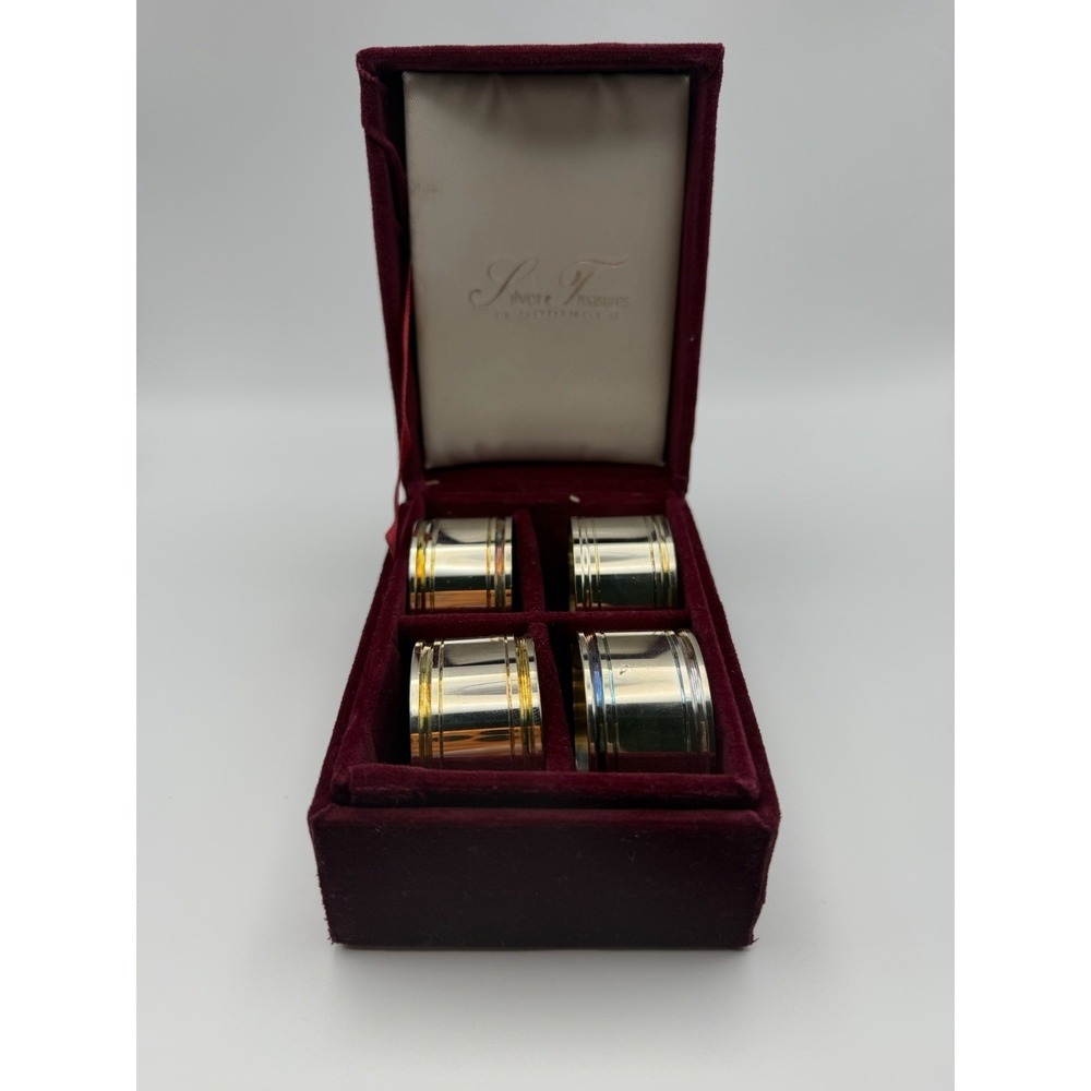 Godinger Silver Treasures Napkin Rings Set of 4 Silver Plated Banded with Box